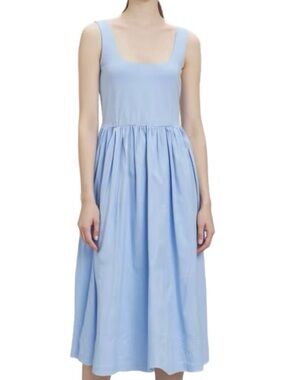 Joie Powder Cotton Blue Scoop-Neck Midi Dress with Pockets